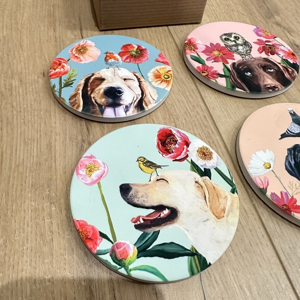 New In Box Whimsical Colorful Ceramic Labrador‎ Retriever Coaster Set 4 Handmade - Picture 2 of 5